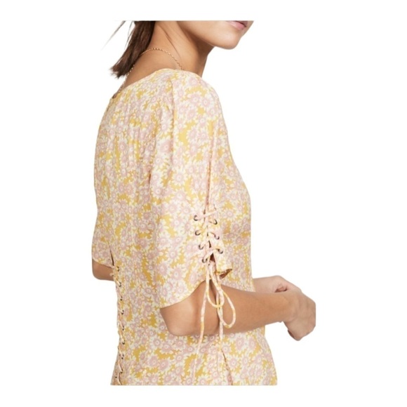 FREE PEOPLE Revolve Yellow Floral Laced Up Mini Dress Button Front Small - Picture 4 of 14